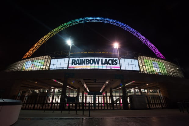 LONDON, UNITED KINGDOM - NOVEMBER 26: Wembley Arch Lights Up in Support of Rainbow Laces Campaign at Wembley Stadium on November 26, 2016 in London, England.  (Photo by Nicky J. Sims/Getty Images for The FA)