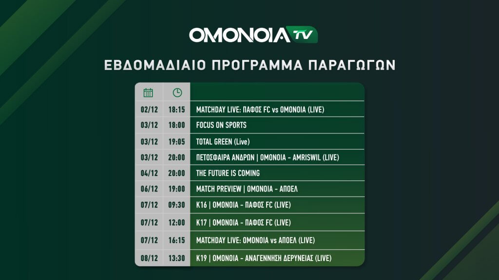 Οι παραγωγές του OMONOIA TV για αυτή την εβδομάδα [Βίντεο]